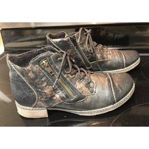 Remonte women lace up shoes booties 38 size 8 black metallic bronze camo zippers